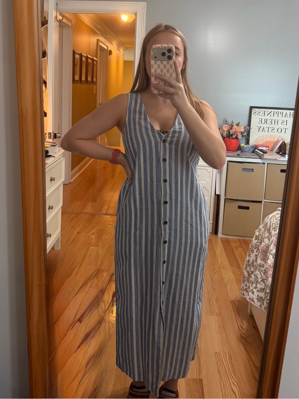 Old Navy Blue and White Vertical Stripe Button-Front Maxi Dress